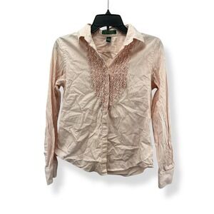 Lauren by Ralph Lauren Peach Striped Ruffle Long Sleeve Button Up Shirt Women M